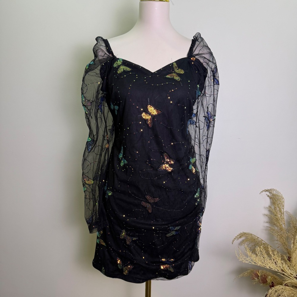 NaaNaa Black Sequined Butterfly Mesh Bodycon Dress - USA Large / UK 18